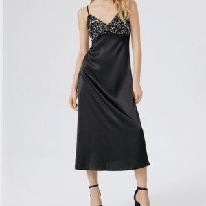 House of Harlow Sequined Black Satin Slip Dress Long sz S